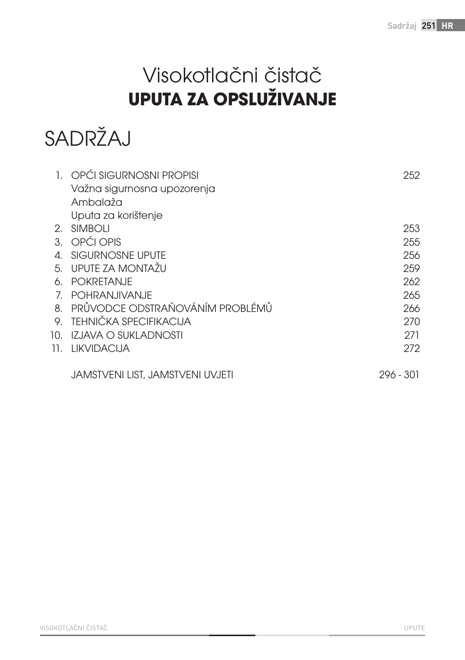 Visokotlačni čistač, Sadržaj, Uputa za opsluživanje | Fieldmann FDW 2003-E User Manual | Page 251 / 302
