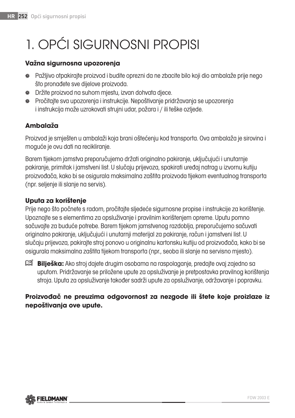 Opći sigurnosni propisi | Fieldmann FDW 2003-E User Manual | Page 252 / 302
