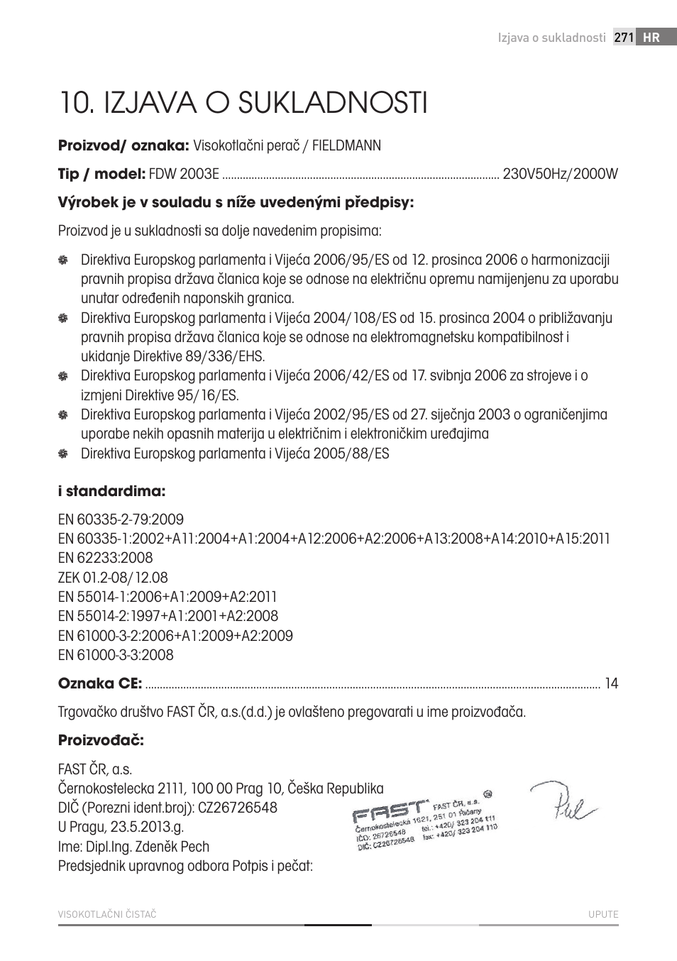 Izjava o sukladnosti | Fieldmann FDW 2003-E User Manual | Page 271 / 302