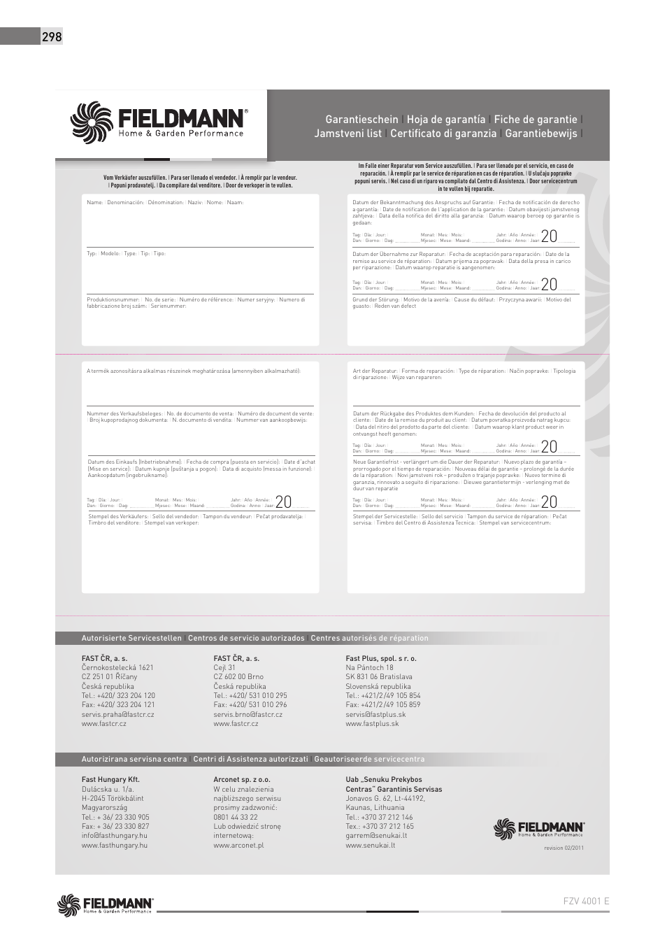 Fzv 4001 e | Fieldmann FDW 2003-E User Manual | Page 298 / 302