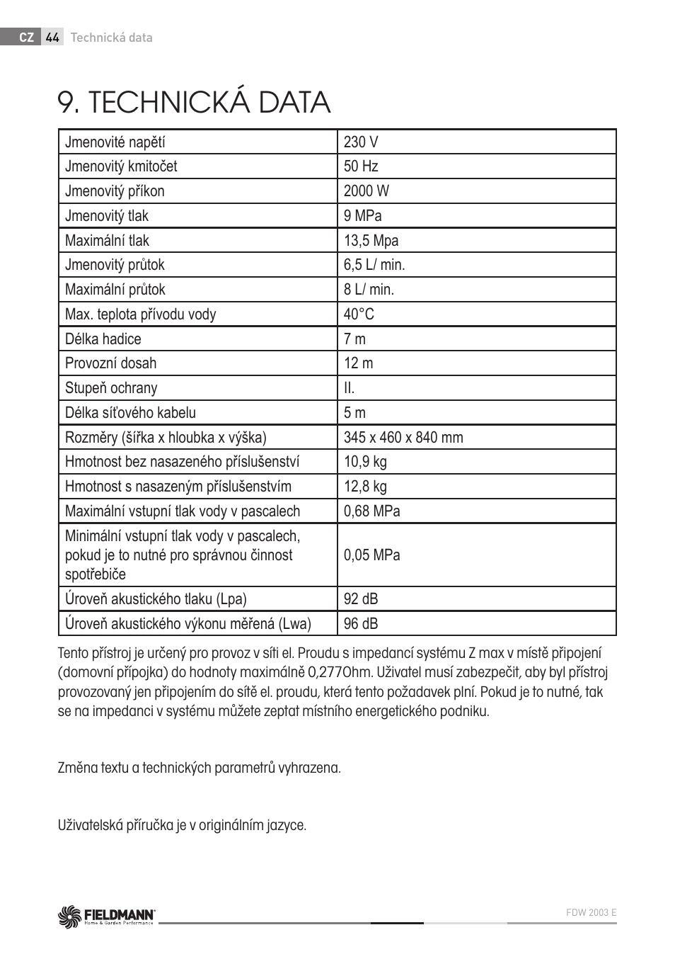 Technická data | Fieldmann FDW 2003-E User Manual | Page 44 / 302