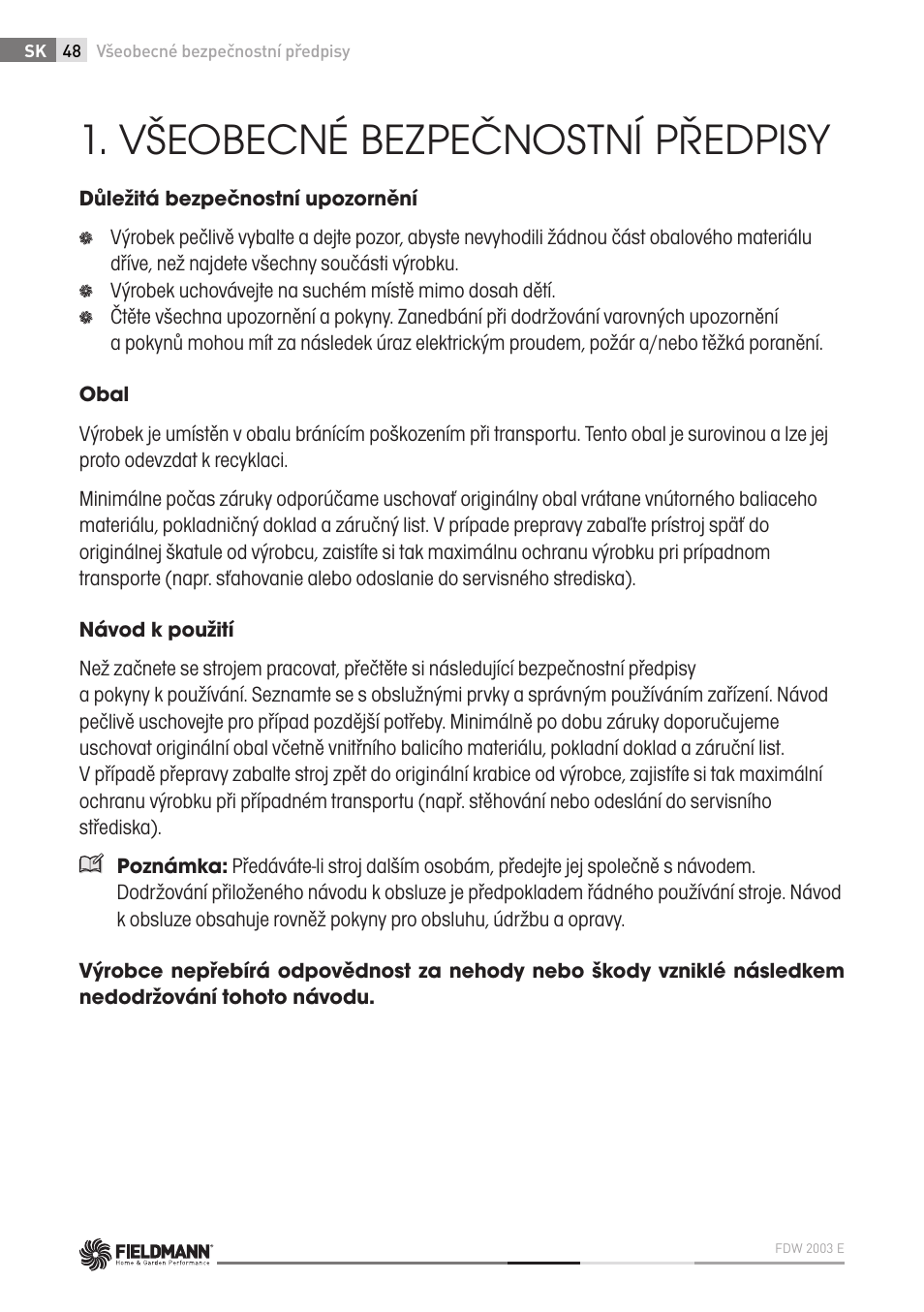 Všeobecné bezpečnostní předpisy | Fieldmann FDW 2003-E User Manual | Page 48 / 302