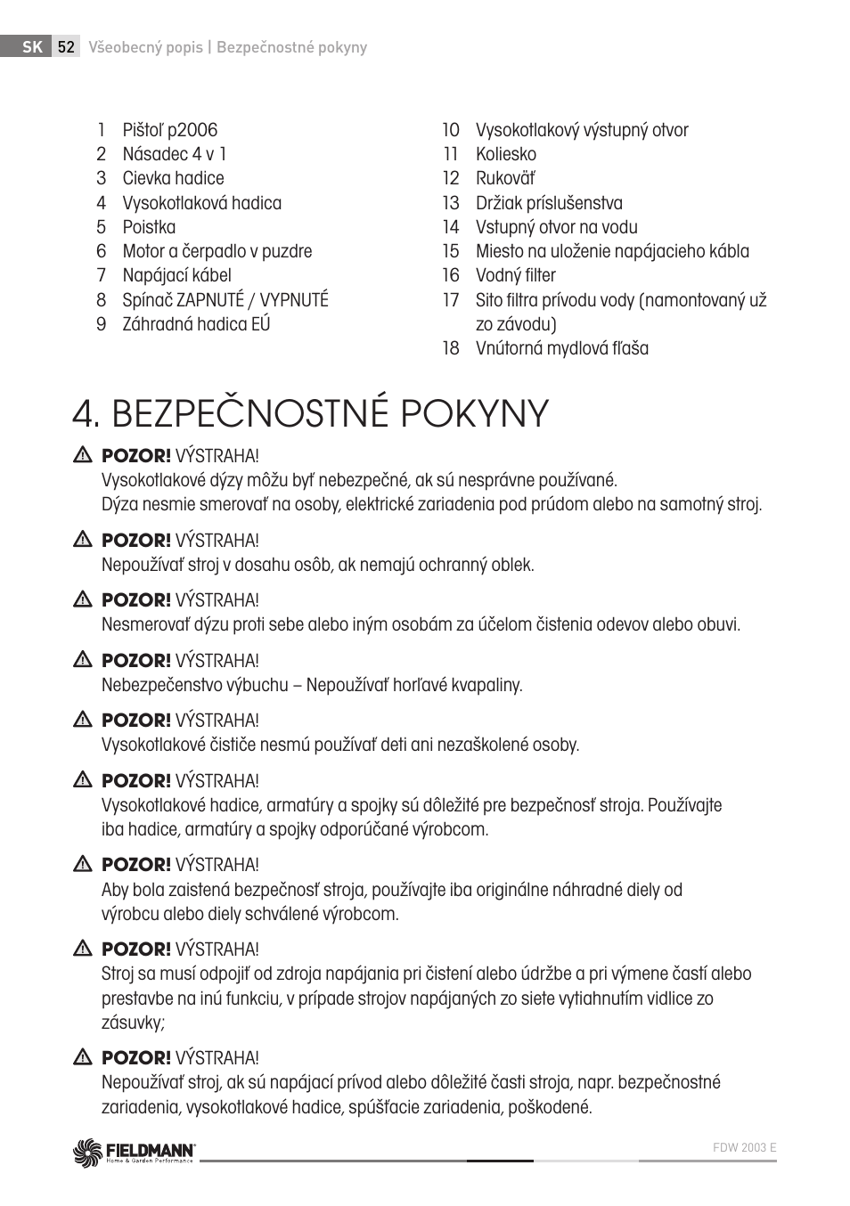 Bezpečnostné pokyny | Fieldmann FDW 2003-E User Manual | Page 52 / 302