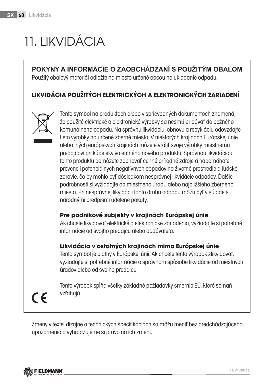 Likvidácia | Fieldmann FDW 2003-E User Manual | Page 68 / 302