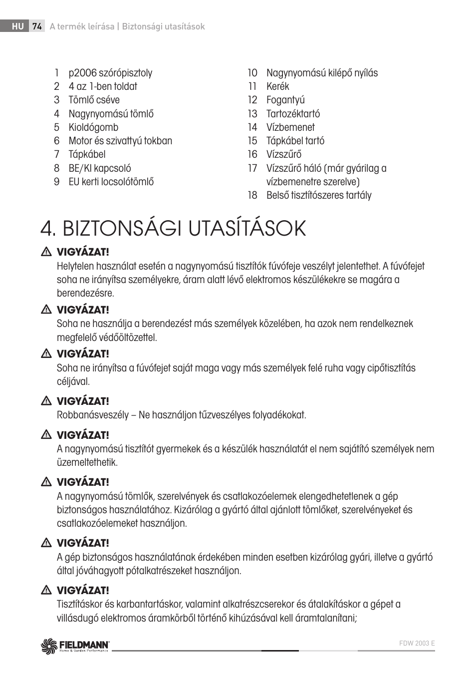 Biztonsági utasítások | Fieldmann FDW 2003-E User Manual | Page 74 / 302