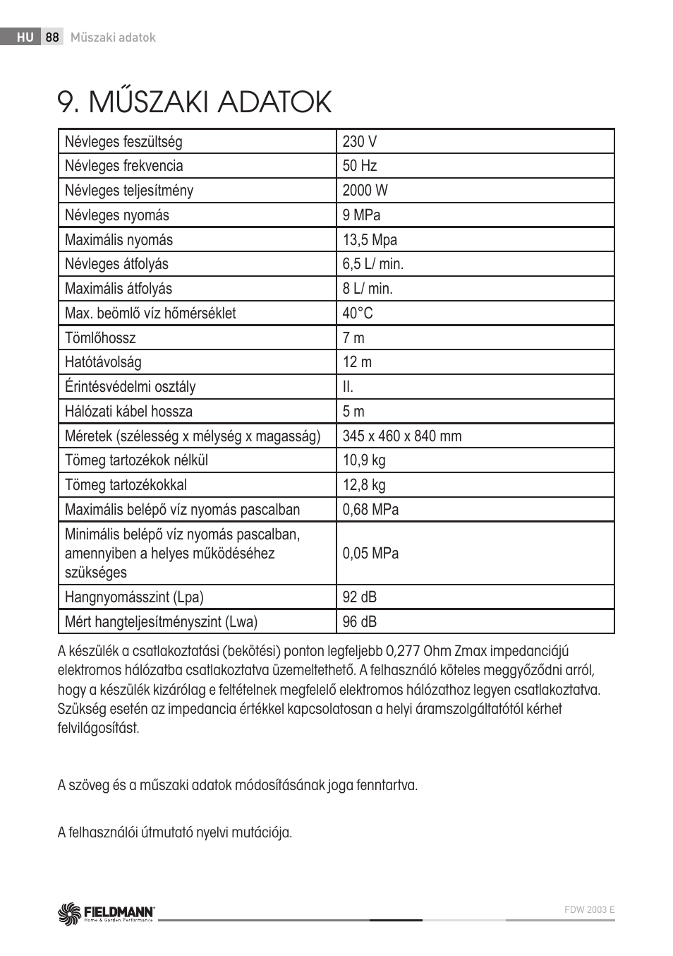 Műszaki adatok | Fieldmann FDW 2003-E User Manual | Page 88 / 302