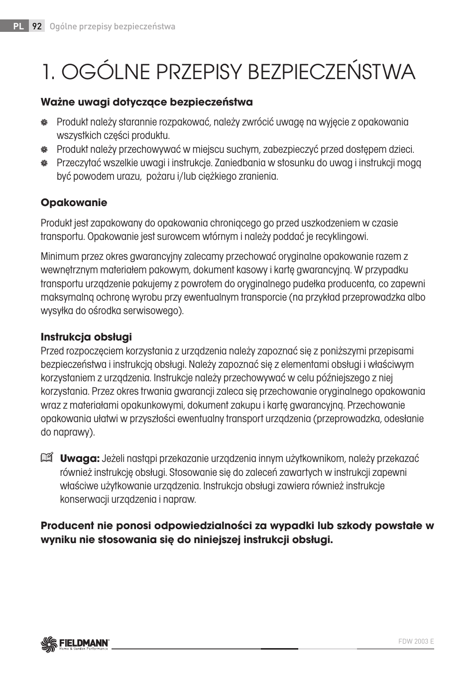 Ogólne przepisy bezpieczeństwa | Fieldmann FDW 2003-E User Manual | Page 92 / 302