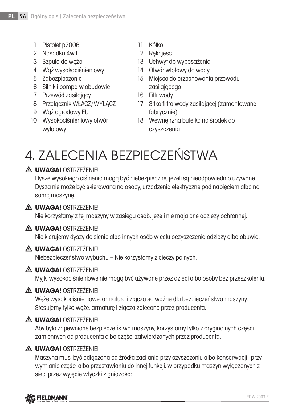 Zalecenia bezpieczeństwa | Fieldmann FDW 2003-E User Manual | Page 96 / 302