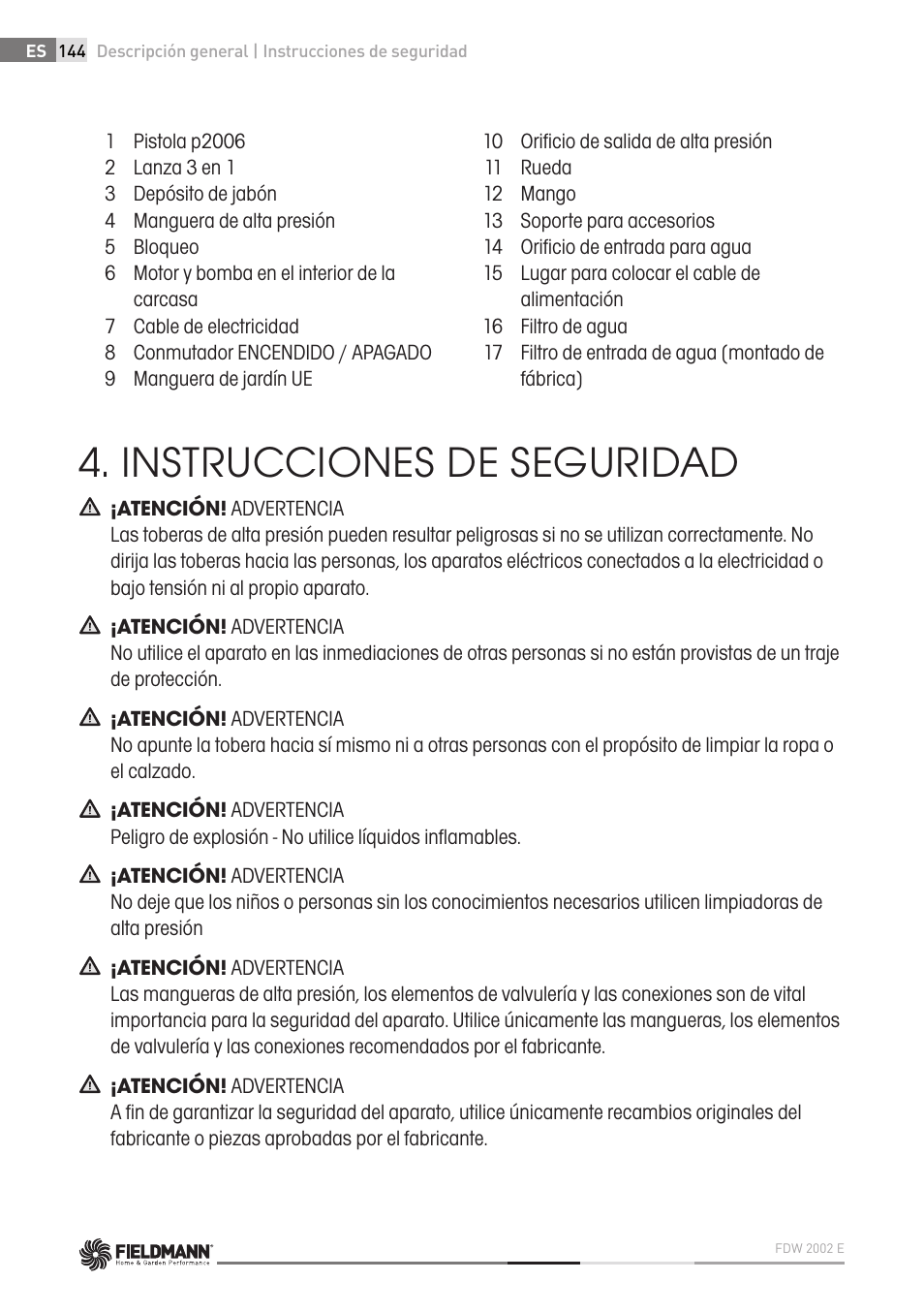 Instrucciones de seguridad | Fieldmann FDW 2002-E User Manual | Page 144 / 302