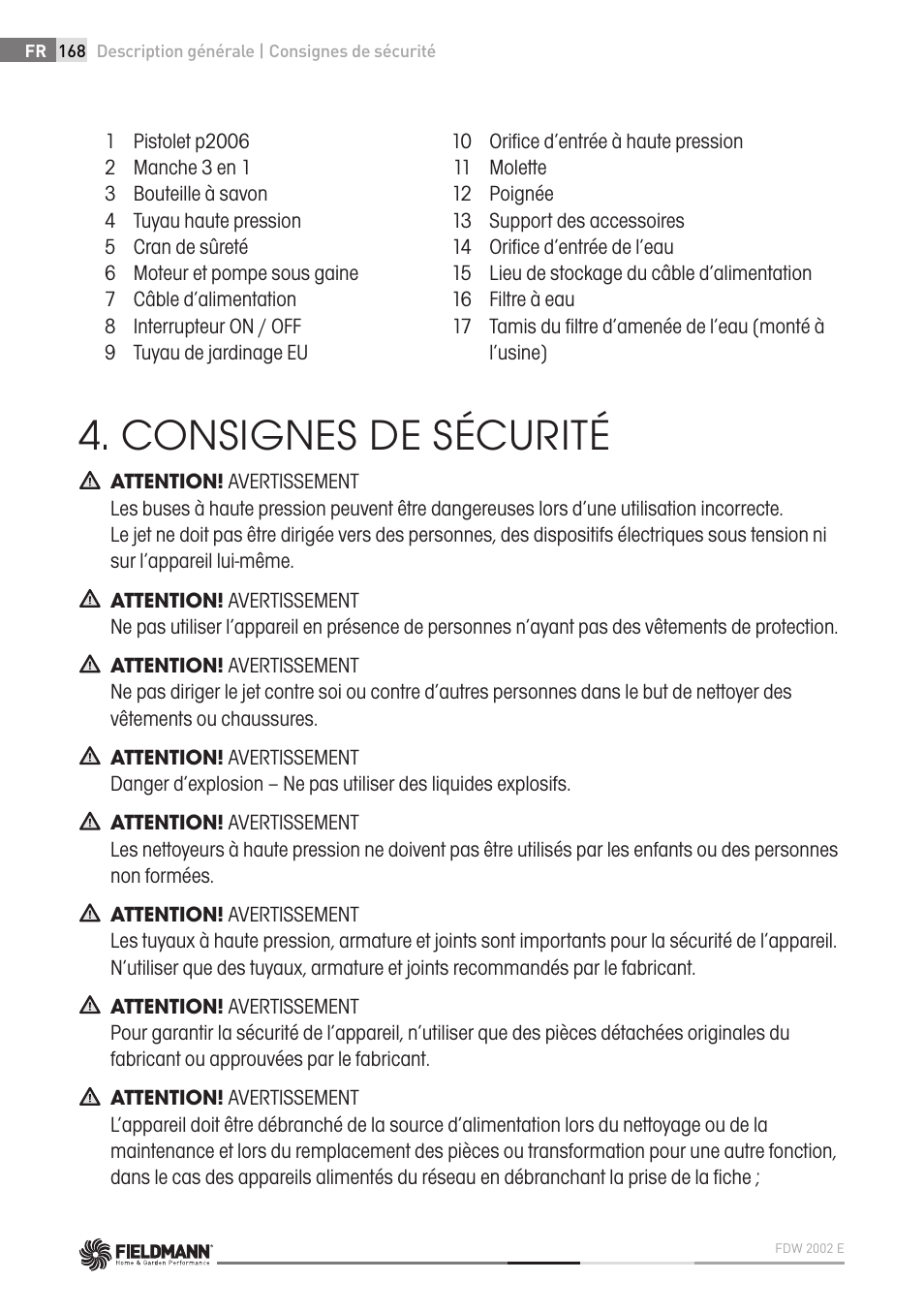 Consignes de sécurité | Fieldmann FDW 2002-E User Manual | Page 168 / 302