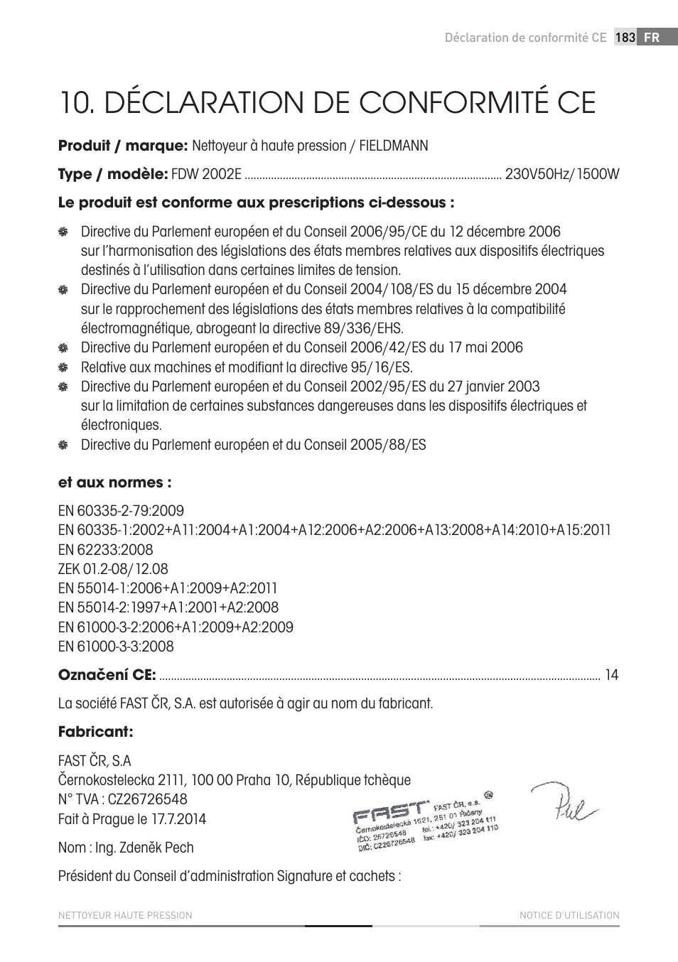 Déclaration de conformité ce | Fieldmann FDW 2002-E User Manual | Page 183 / 302