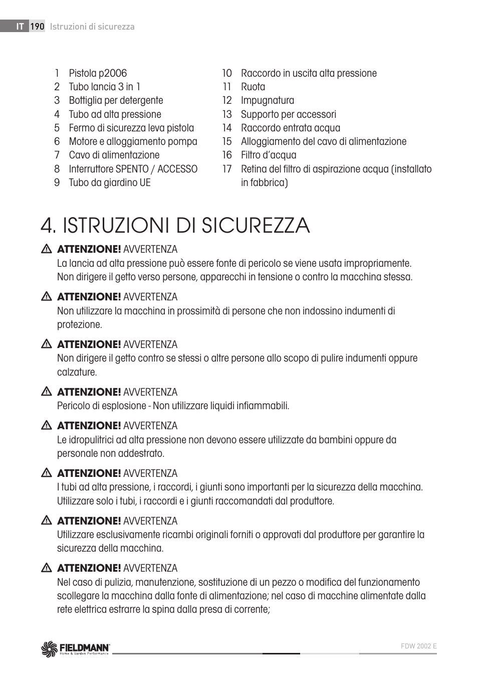 Istruzioni di sicurezza | Fieldmann FDW 2002-E User Manual | Page 190 / 302