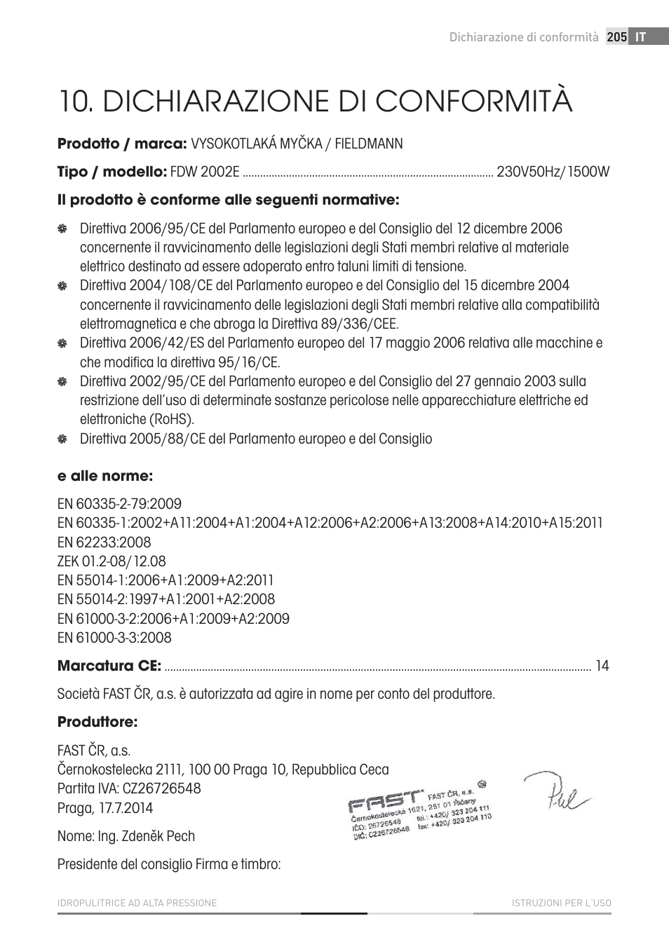 Dichiarazione di conformità | Fieldmann FDW 2002-E User Manual | Page 205 / 302