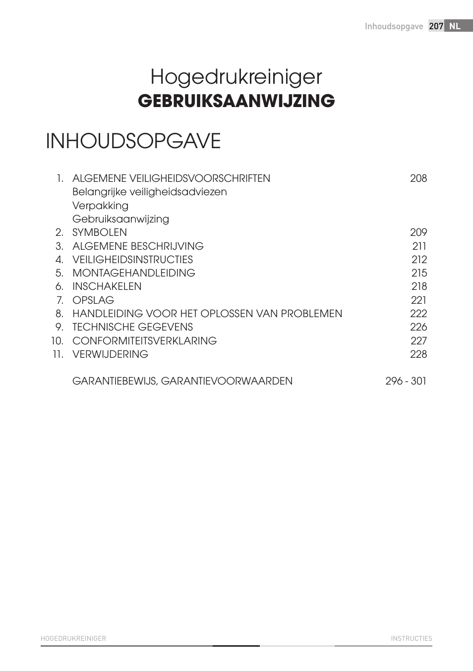 Hogedrukreiniger, Inhoudsopgave, Gebruiksaanwijzing | Fieldmann FDW 2002-E User Manual | Page 207 / 302