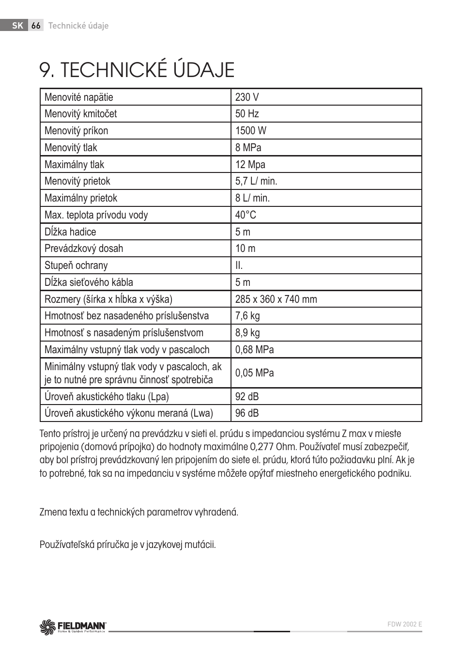 Technické údaje | Fieldmann FDW 2002-E User Manual | Page 66 / 302