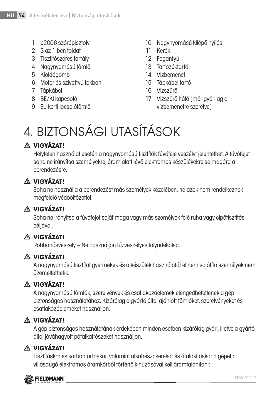 Biztonsági utasítások | Fieldmann FDW 2002-E User Manual | Page 74 / 302