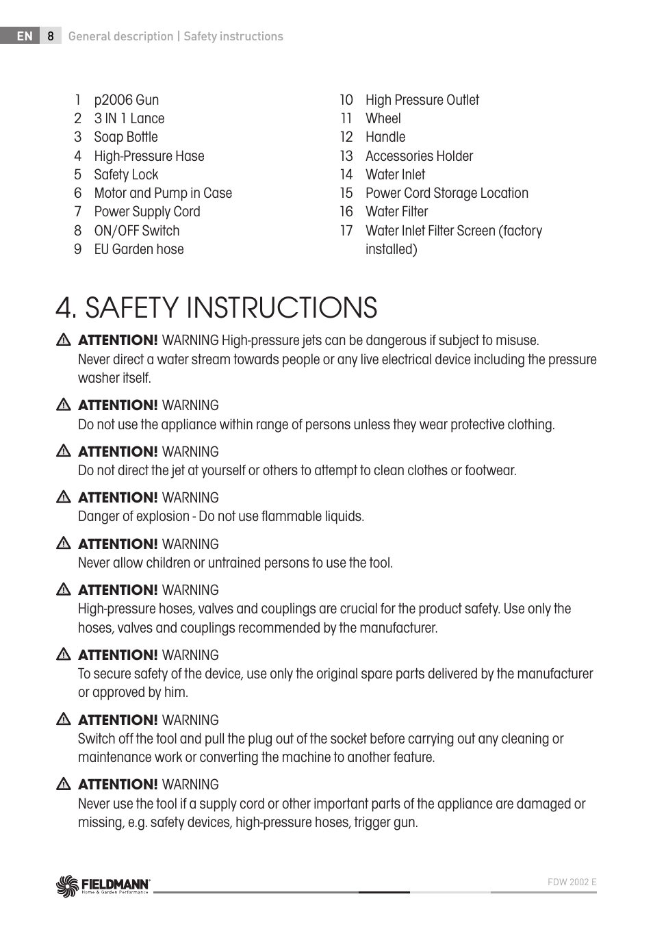 Safety instructions | Fieldmann FDW 2002-E User Manual | Page 8 / 302
