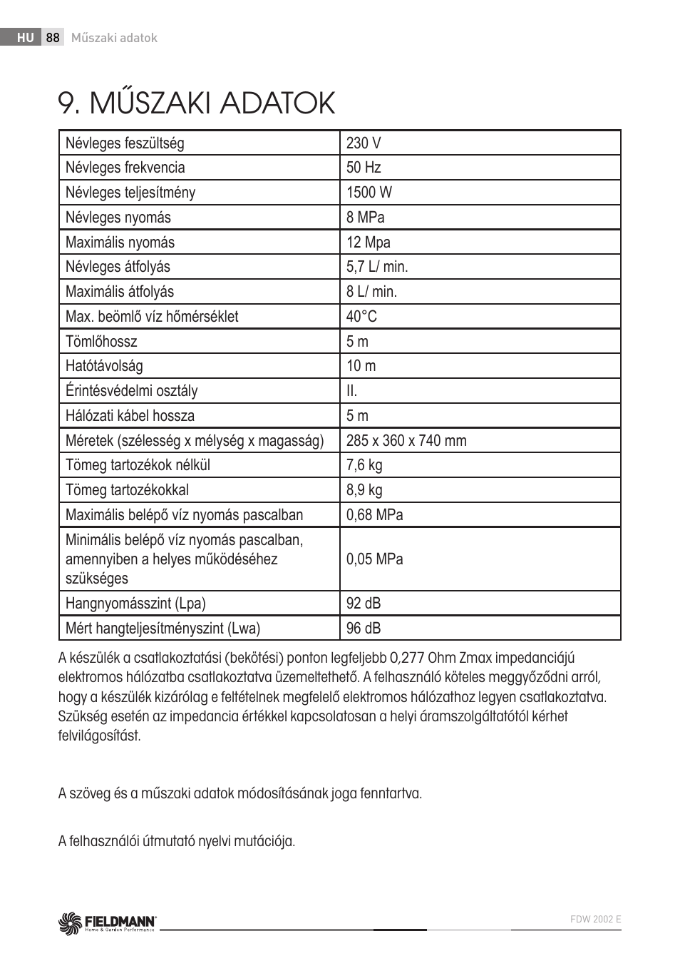 Műszaki adatok | Fieldmann FDW 2002-E User Manual | Page 88 / 302
