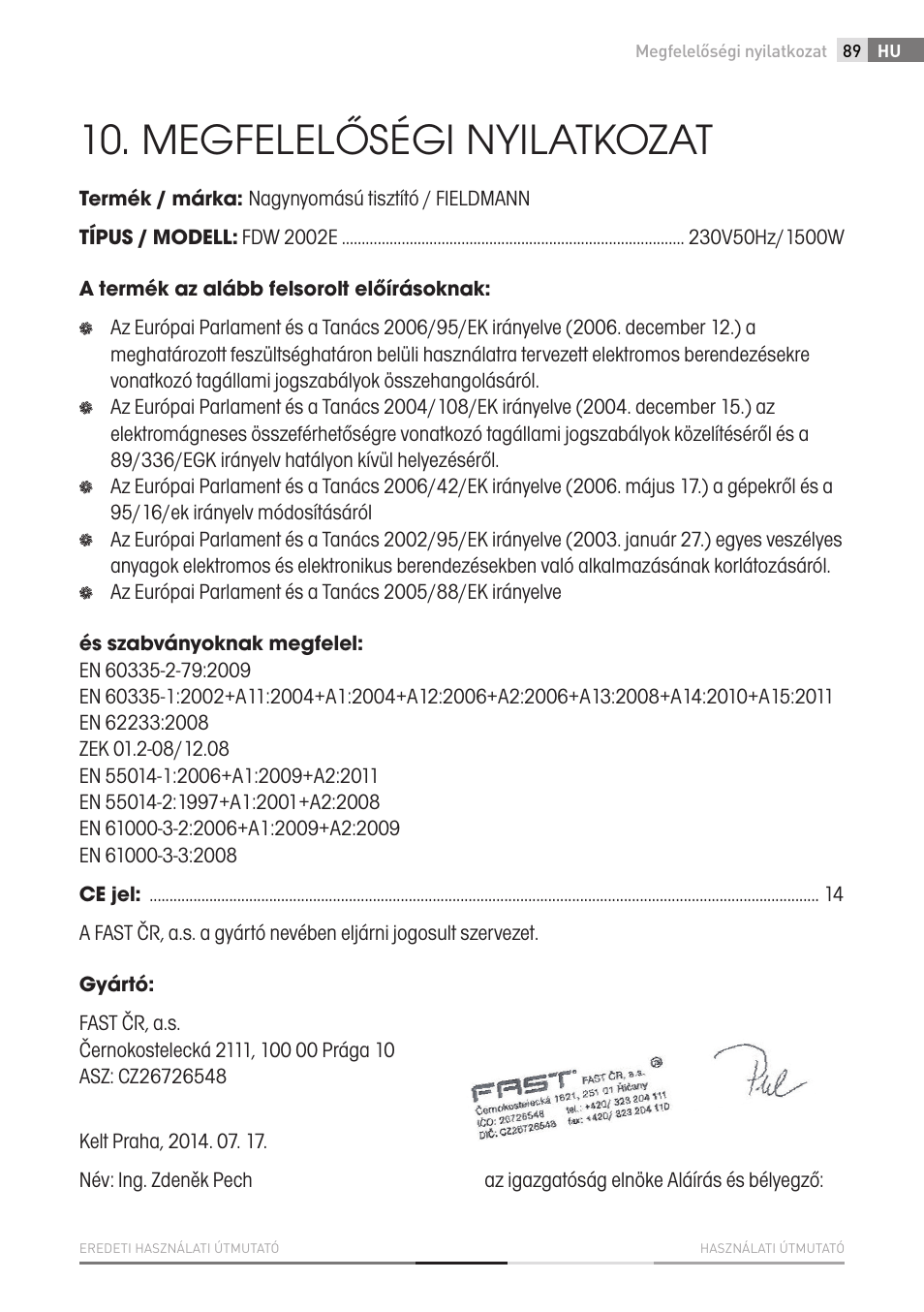 Megfelelőségi nyilatkozat | Fieldmann FDW 2002-E User Manual | Page 89 / 302