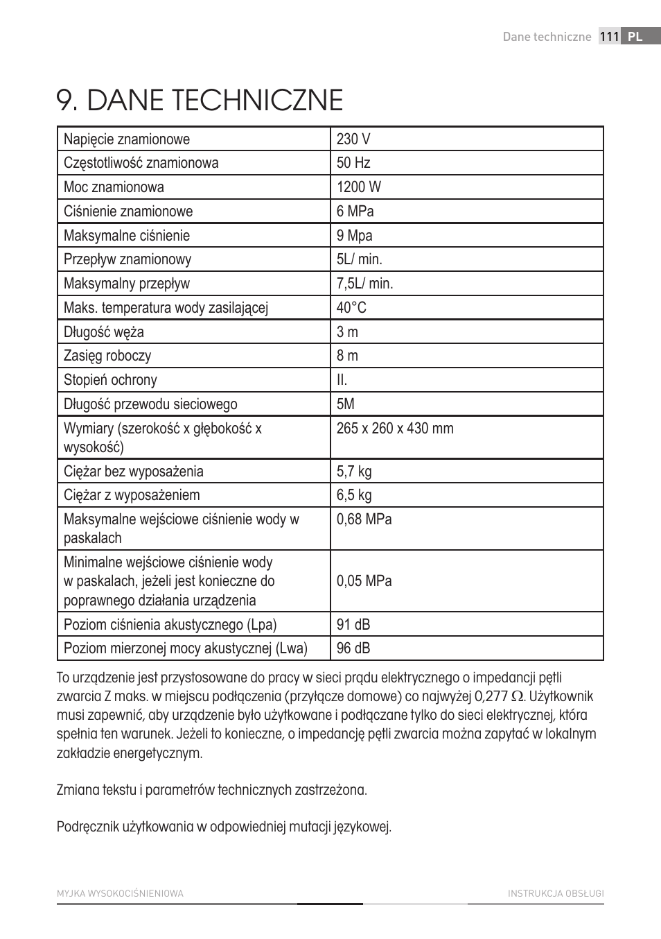 Dane techniczne | Fieldmann FDW 2001-E User Manual | Page 111 / 302