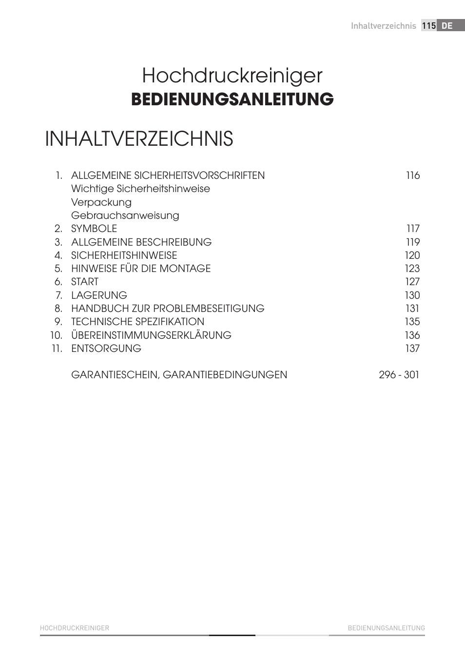 Hochdruckreiniger, Inhaltverzeichnis, Bedienungsanleitung | Fieldmann FDW 2001-E User Manual | Page 115 / 302