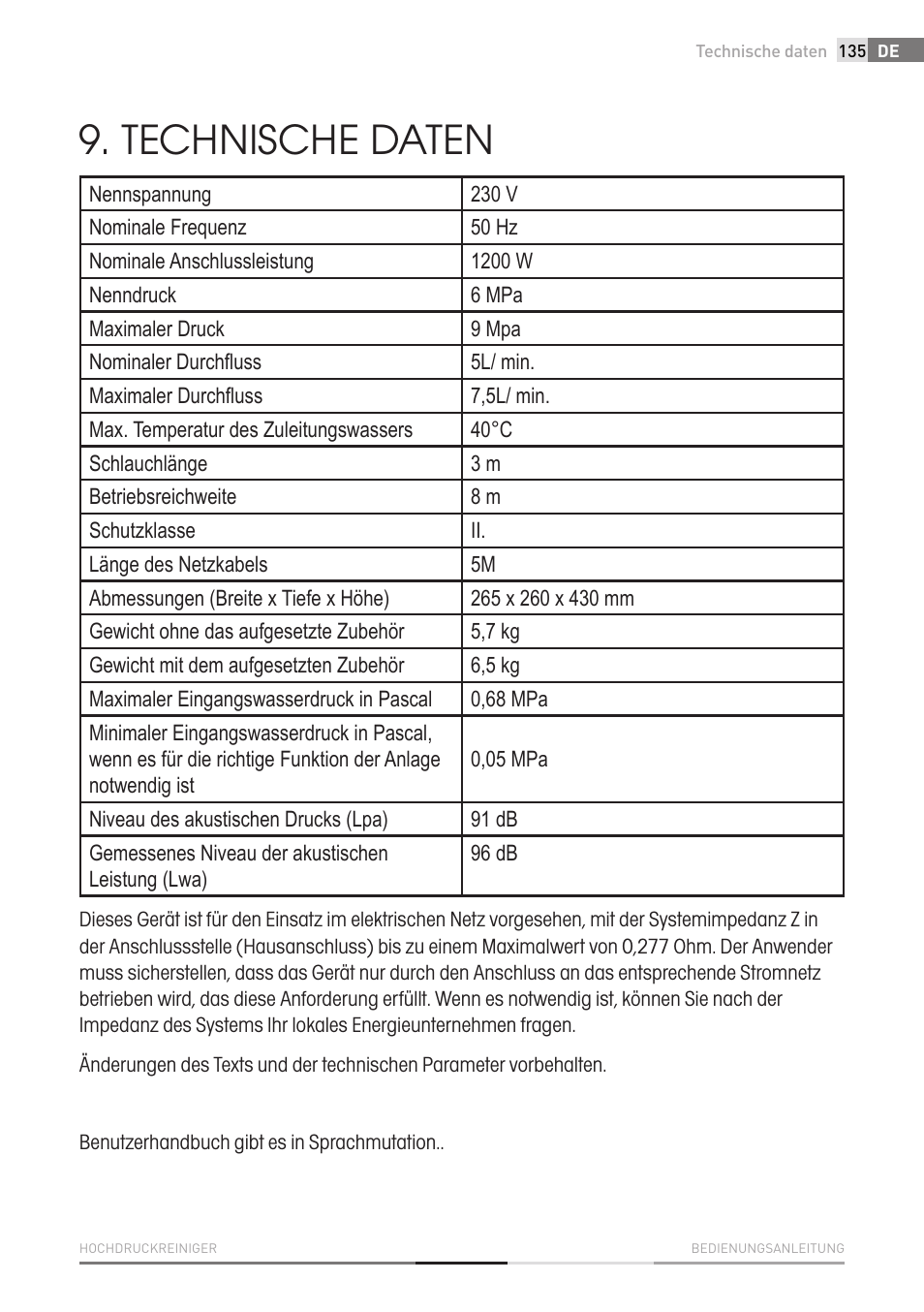 Technische daten | Fieldmann FDW 2001-E User Manual | Page 135 / 302