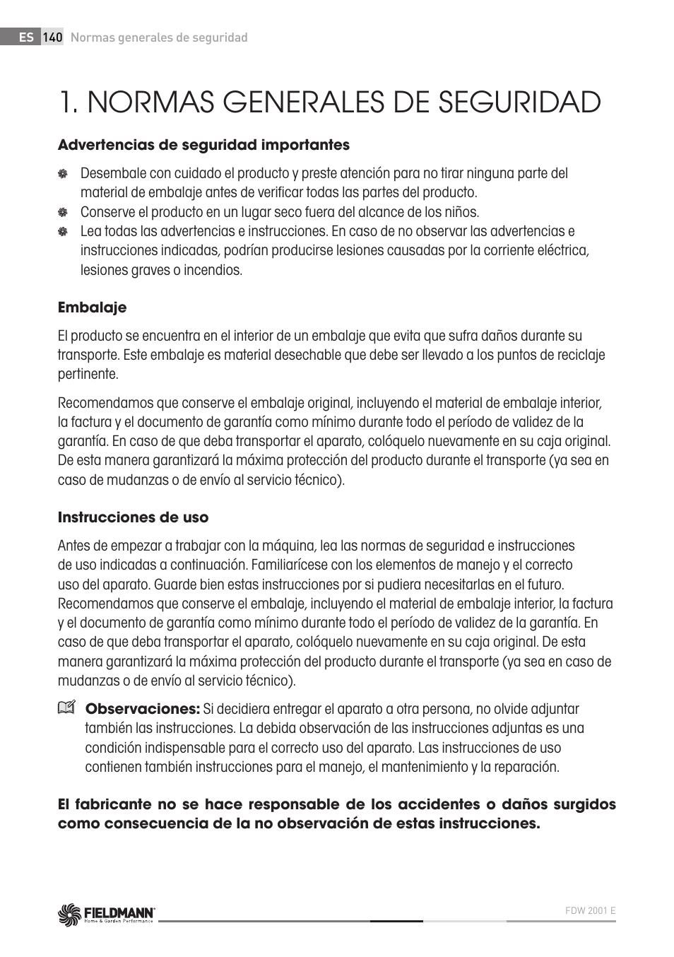 Normas generales de seguridad | Fieldmann FDW 2001-E User Manual | Page 140 / 302
