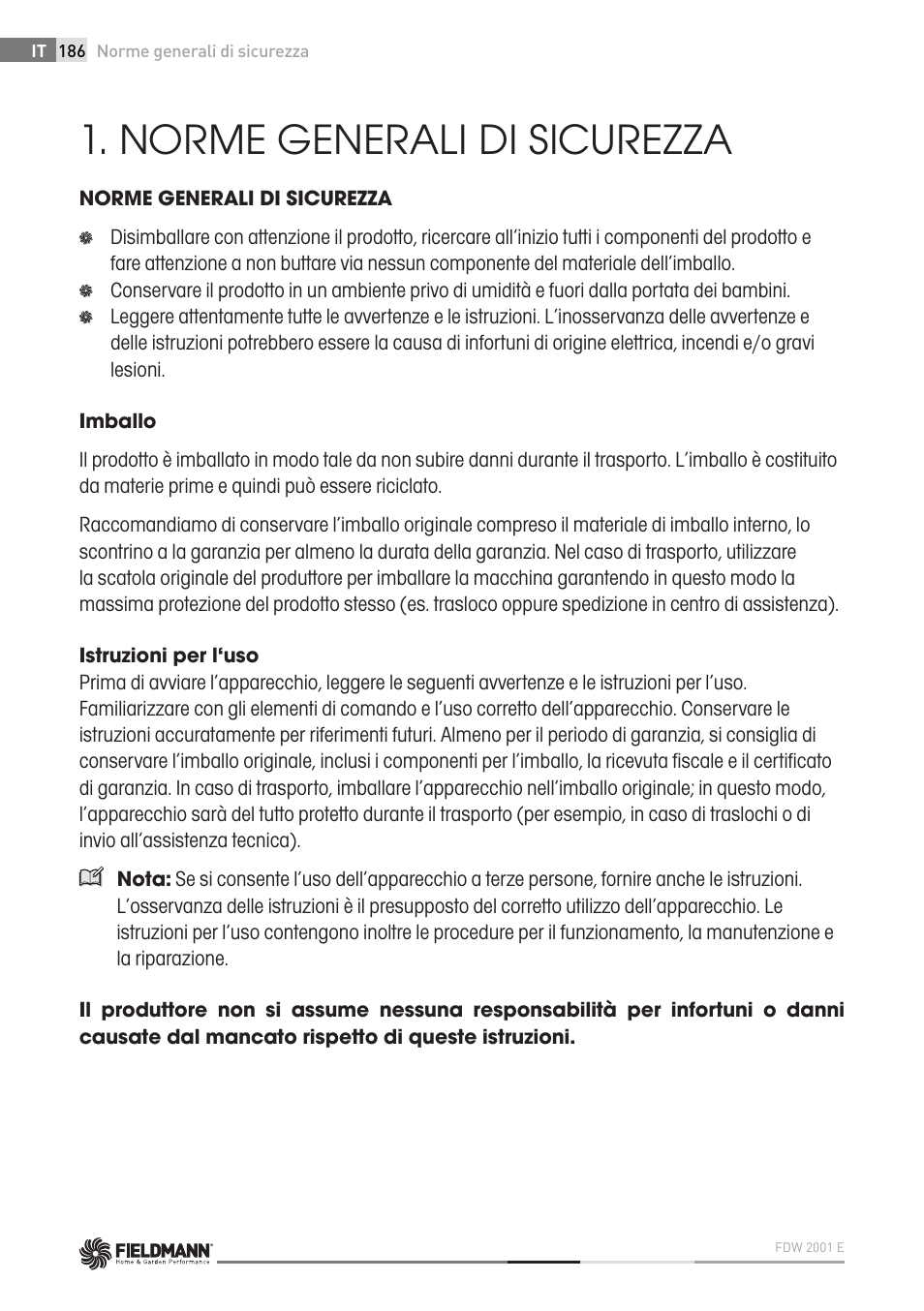 Norme generali di sicurezza | Fieldmann FDW 2001-E User Manual | Page 186 / 302