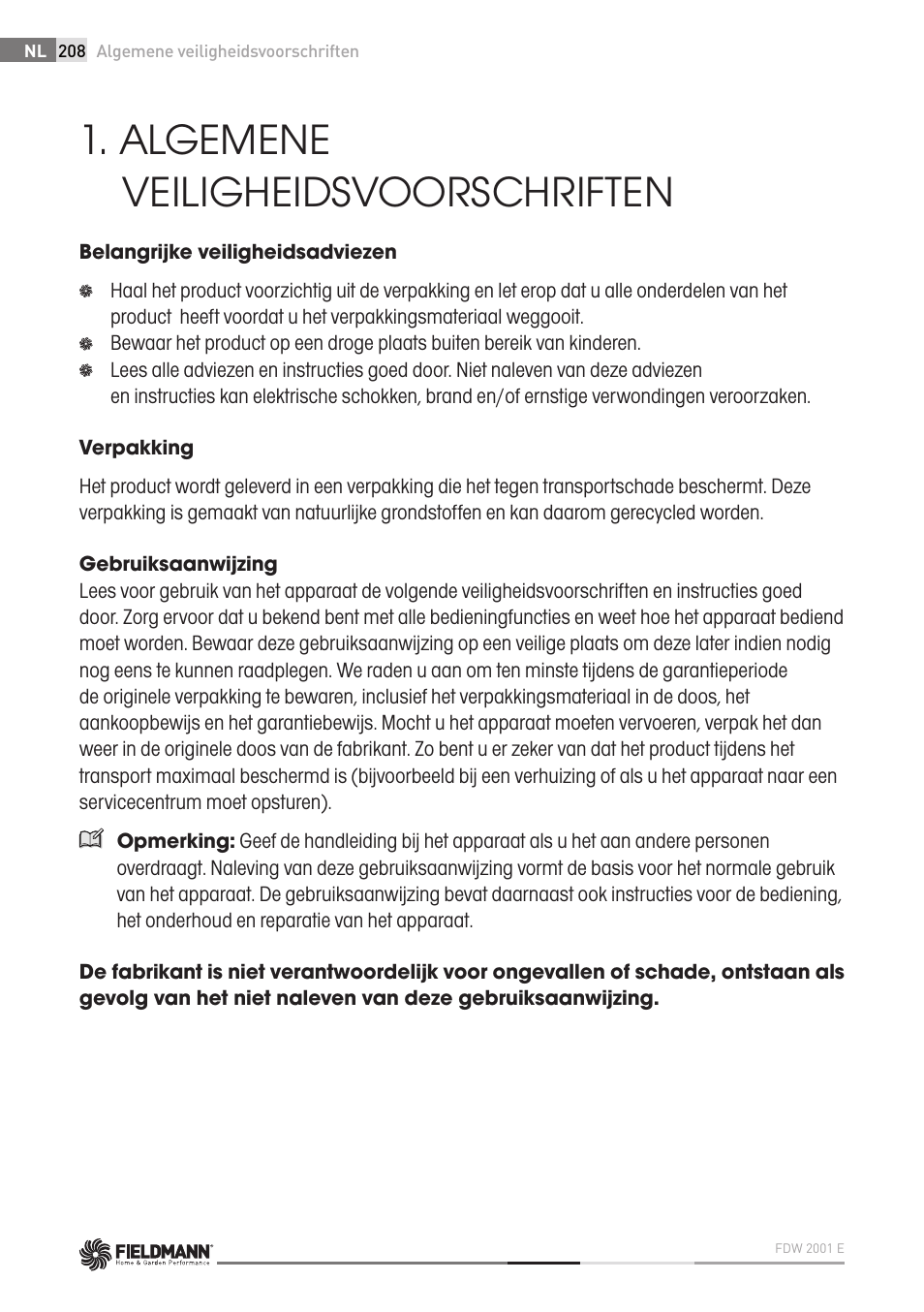 Algemene veiligheidsvoorschriften | Fieldmann FDW 2001-E User Manual | Page 208 / 302