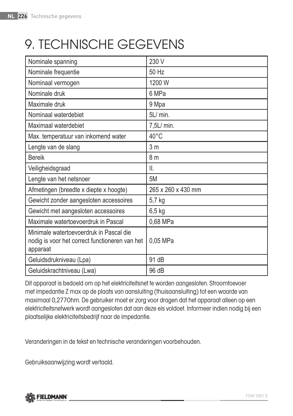 Technische gegevens | Fieldmann FDW 2001-E User Manual | Page 226 / 302