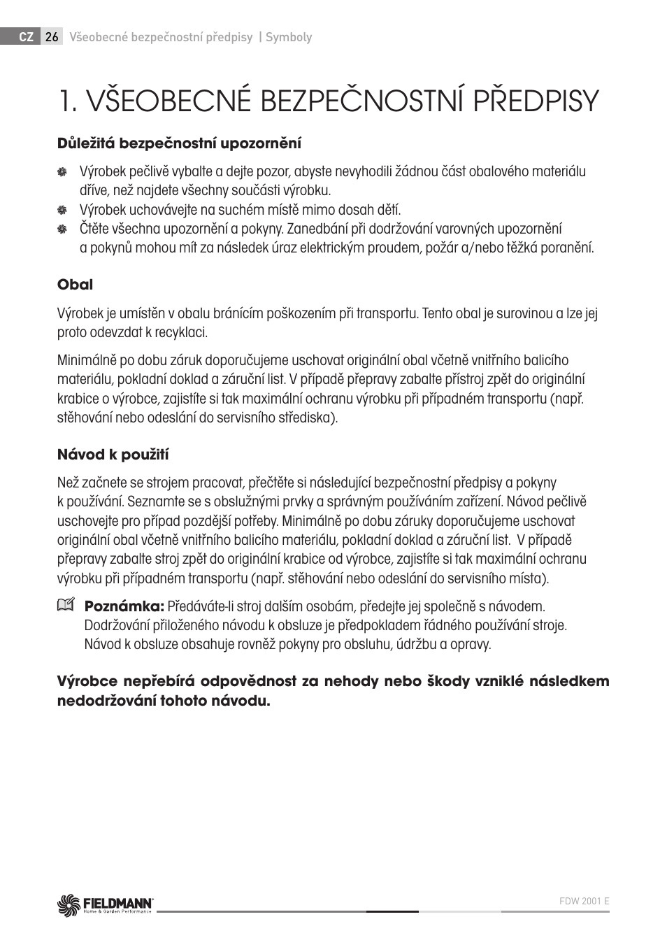 Všeobecné bezpečnostní předpisy | Fieldmann FDW 2001-E User Manual | Page 26 / 302