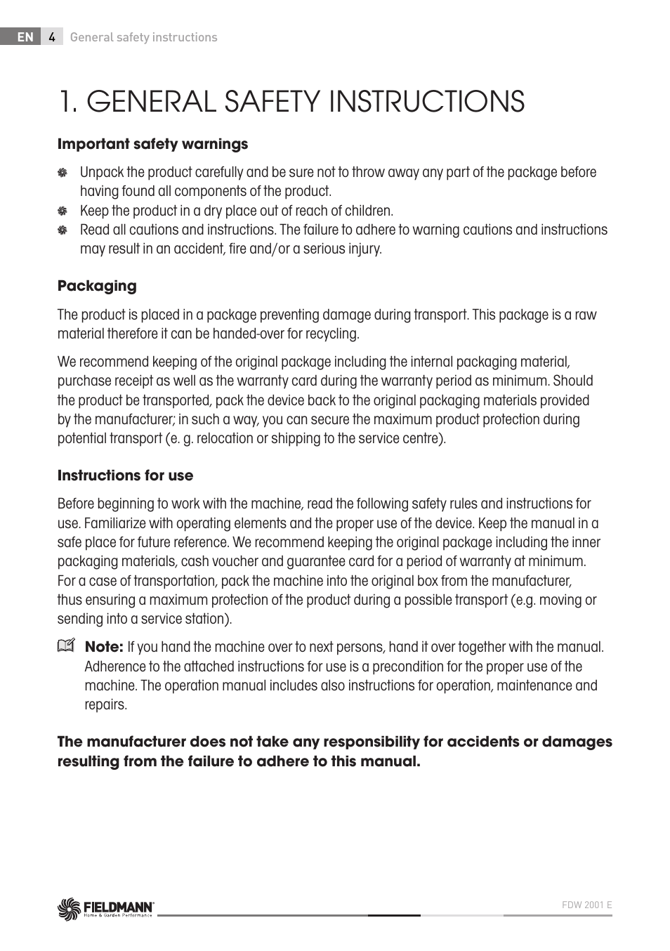 General safety instructions | Fieldmann FDW 2001-E User Manual | Page 4 / 302