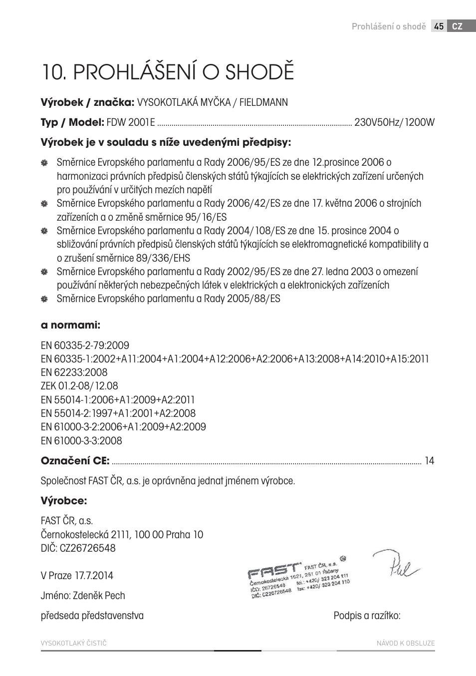 Prohlášení o shodě | Fieldmann FDW 2001-E User Manual | Page 45 / 302