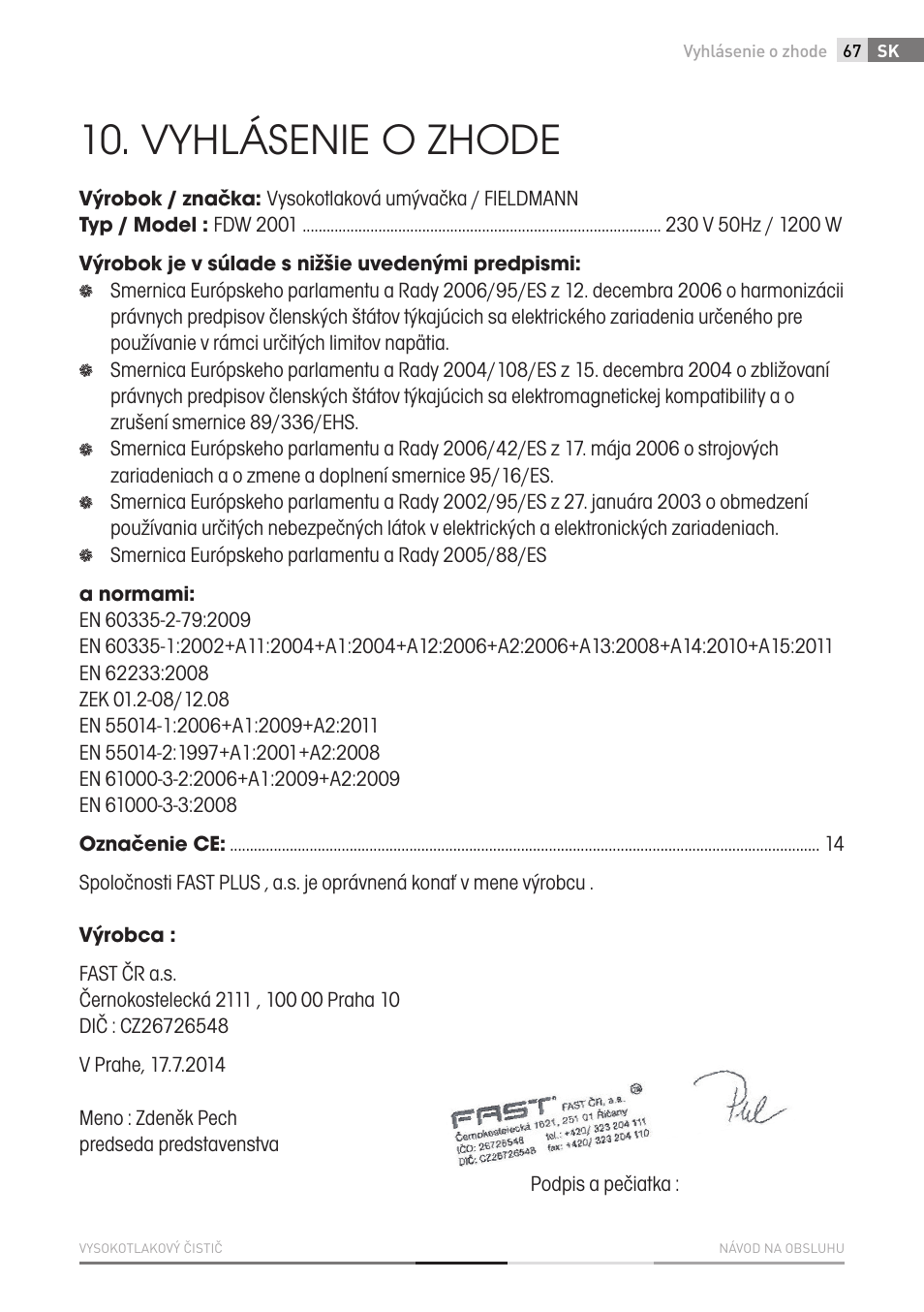 Vyhlásenie o zhode | Fieldmann FDW 2001-E User Manual | Page 67 / 302