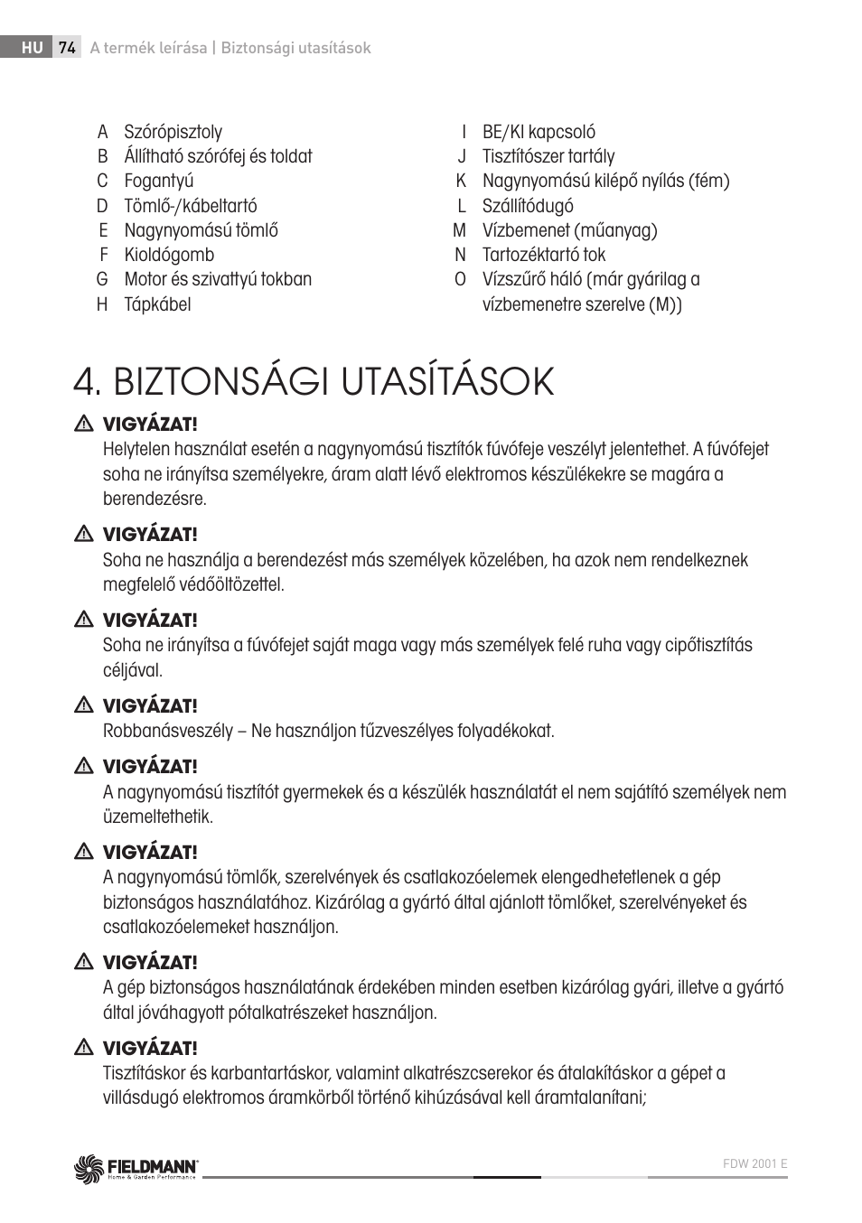 Biztonsági utasítások | Fieldmann FDW 2001-E User Manual | Page 74 / 302