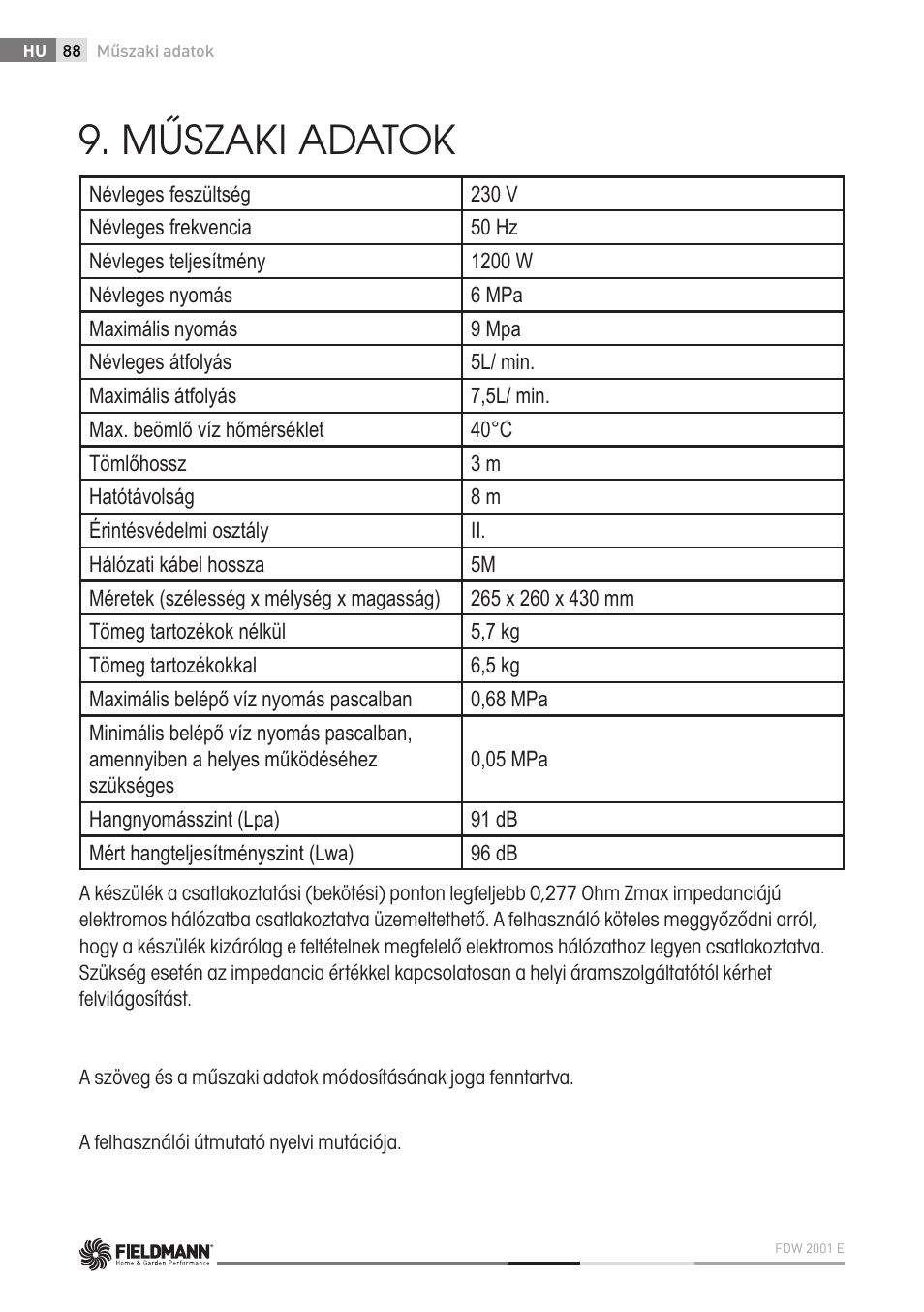 Műszaki adatok | Fieldmann FDW 2001-E User Manual | Page 88 / 302