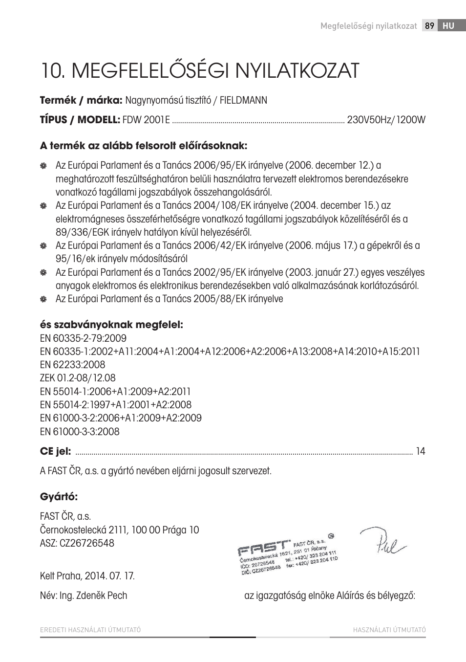 Megfelelőségi nyilatkozat | Fieldmann FDW 2001-E User Manual | Page 89 / 302