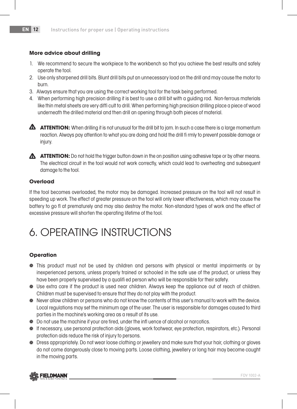 Operating instructions | Fieldmann FDV 1002-A User Manual | Page 12 / 114