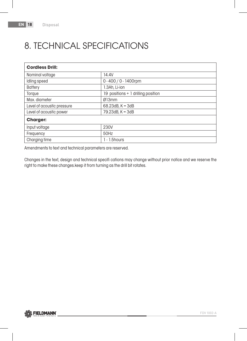 Technical specifications | Fieldmann FDV 1002-A User Manual | Page 18 / 114