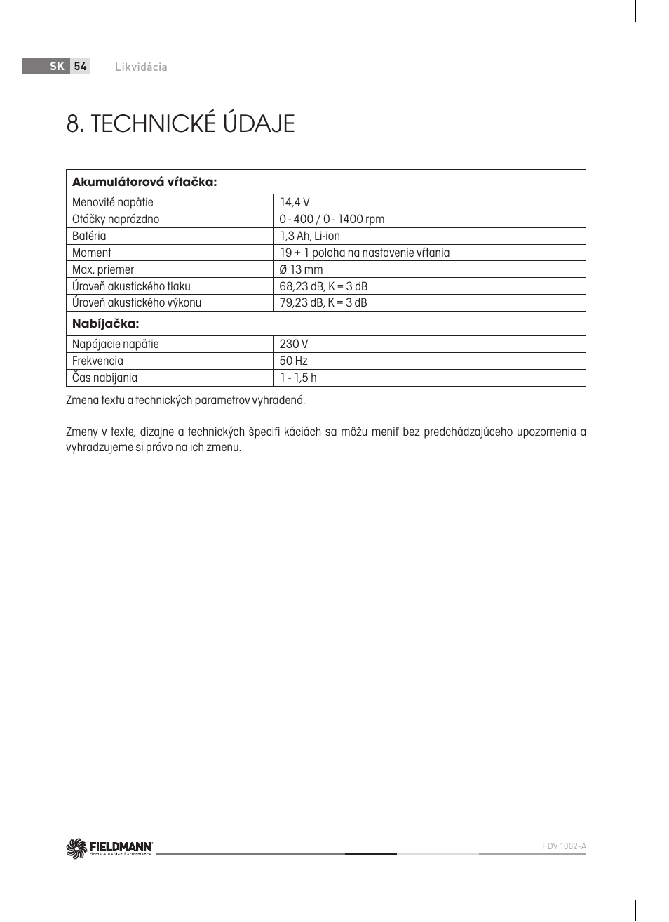 Technické údaje | Fieldmann FDV 1002-A User Manual | Page 54 / 114