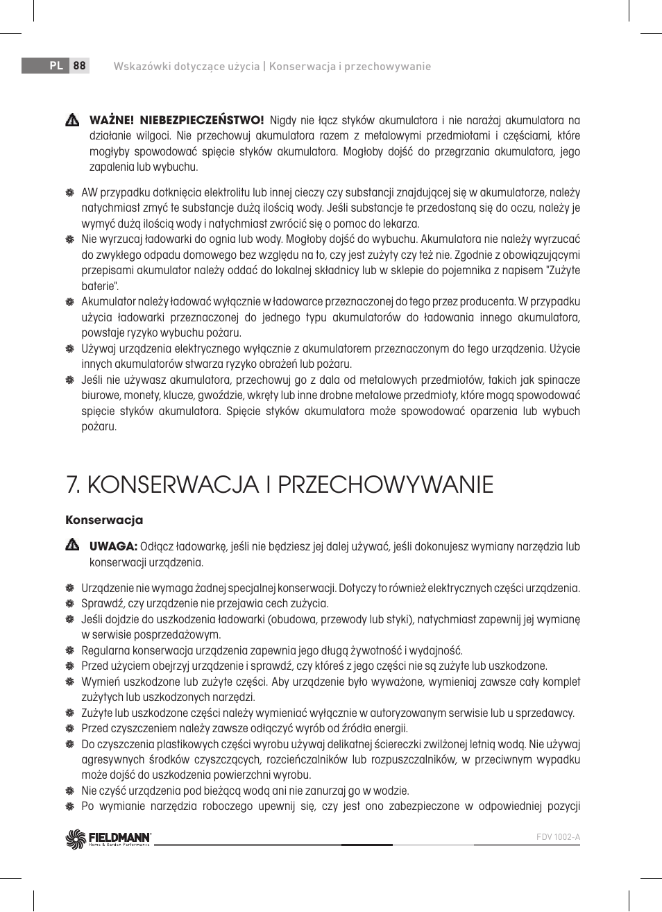 Konserwacja i przechowywanie | Fieldmann FDV 1002-A User Manual | Page 88 / 114