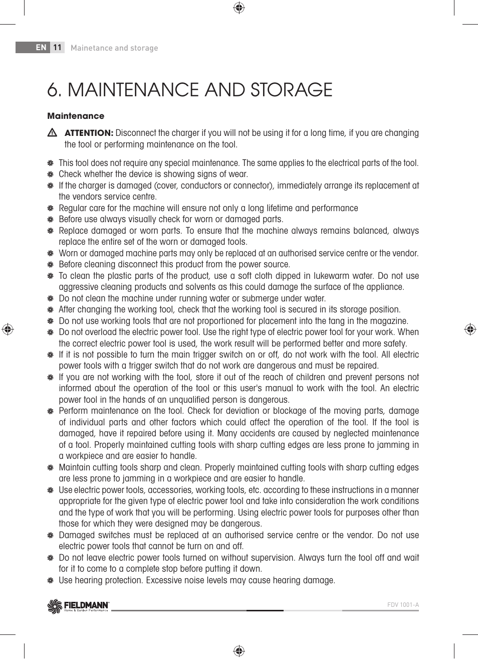 Maintenance and storage | Fieldmann FDV 1001-A User Manual | Page 12 / 100