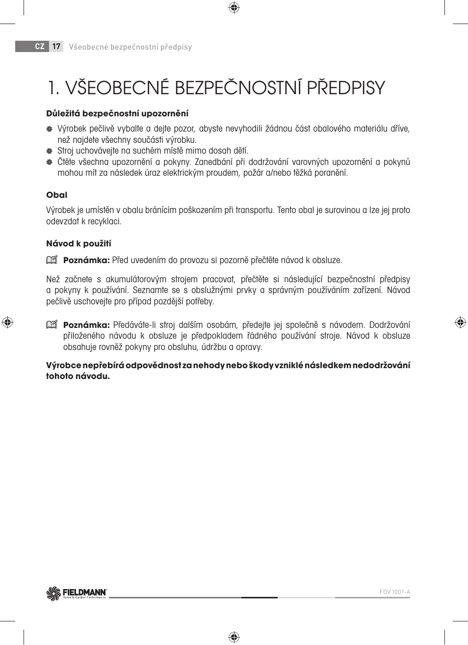 Všeobecné bezpečnostní předpisy | Fieldmann FDV 1001-A User Manual | Page 18 / 100