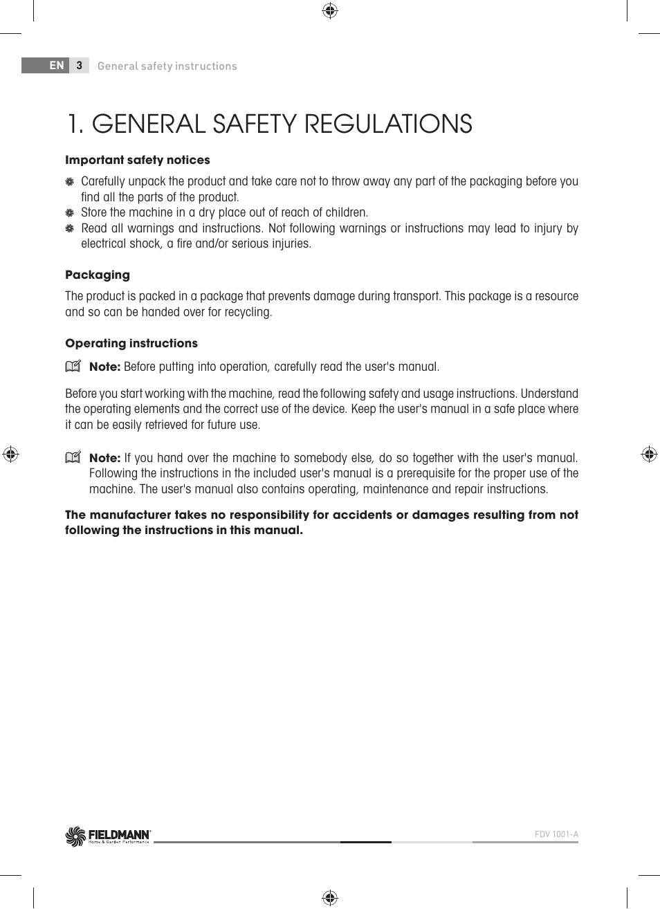 General safety regulations | Fieldmann FDV 1001-A User Manual | Page 4 / 100