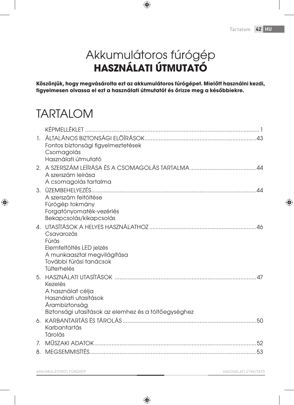 Akkumulátoros fúrógép, Tartalom, Használati útmutató | Fieldmann FDV 1001-A User Manual | Page 43 / 100