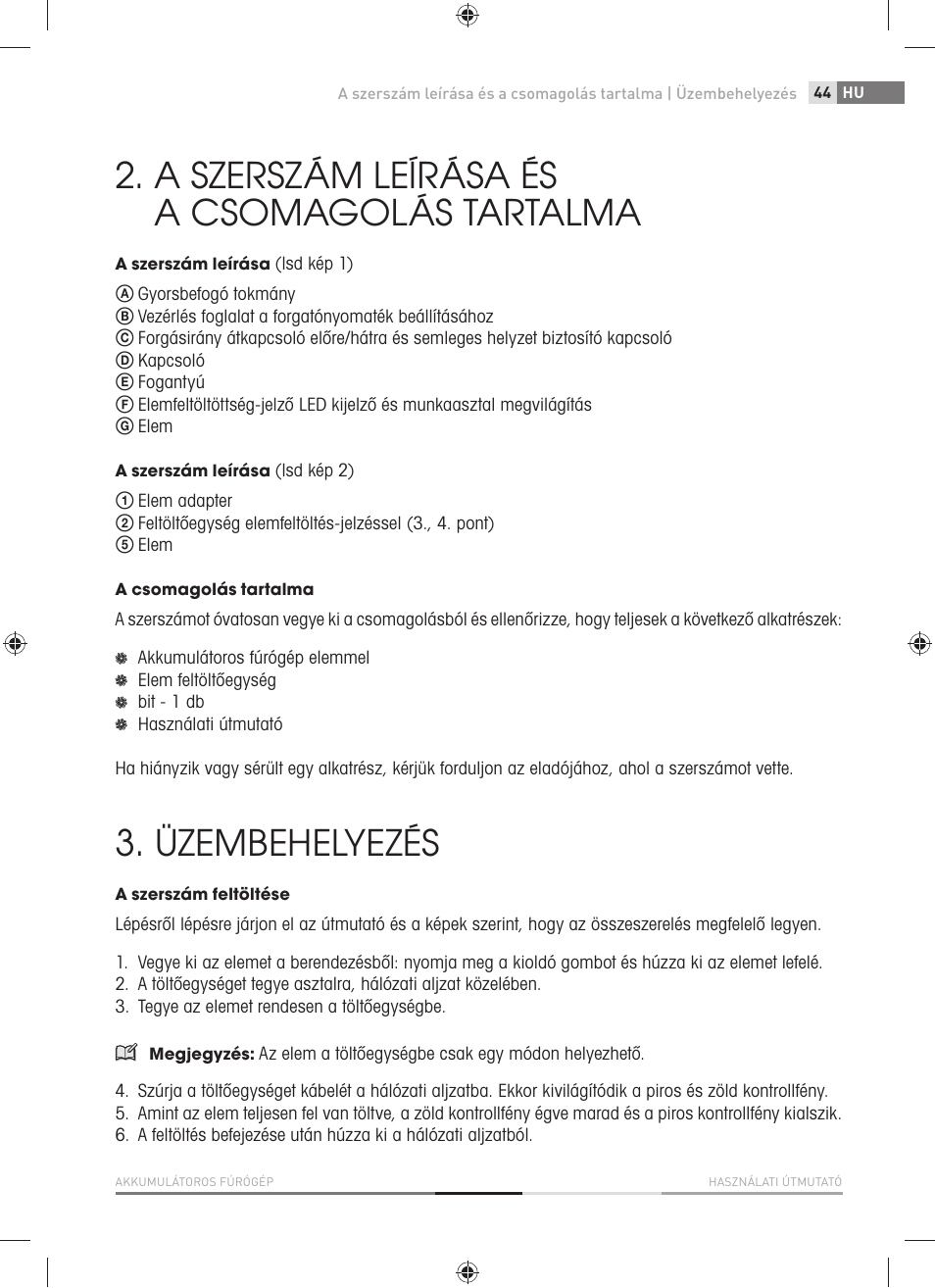 A szerszám leírása és a csomagolás tartalma, Üzembehelyezés | Fieldmann FDV 1001-A User Manual | Page 45 / 100