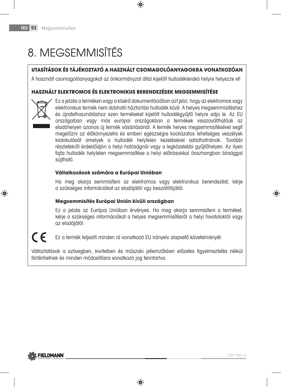 Megsemmisítés | Fieldmann FDV 1001-A User Manual | Page 54 / 100