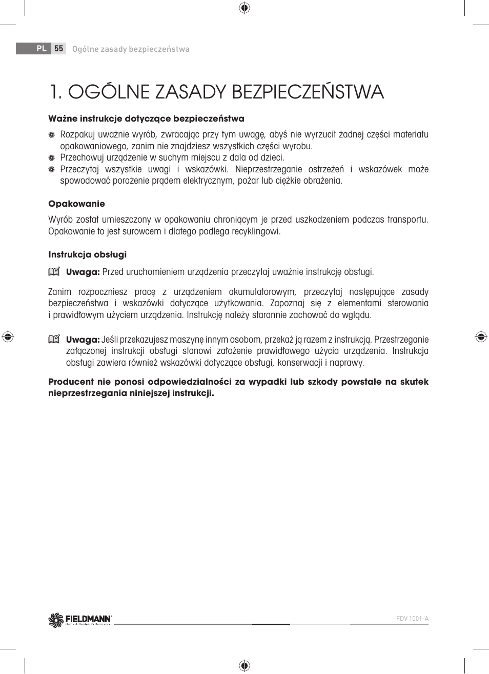 Ogólne zasady bezpieczeństwa | Fieldmann FDV 1001-A User Manual | Page 56 / 100