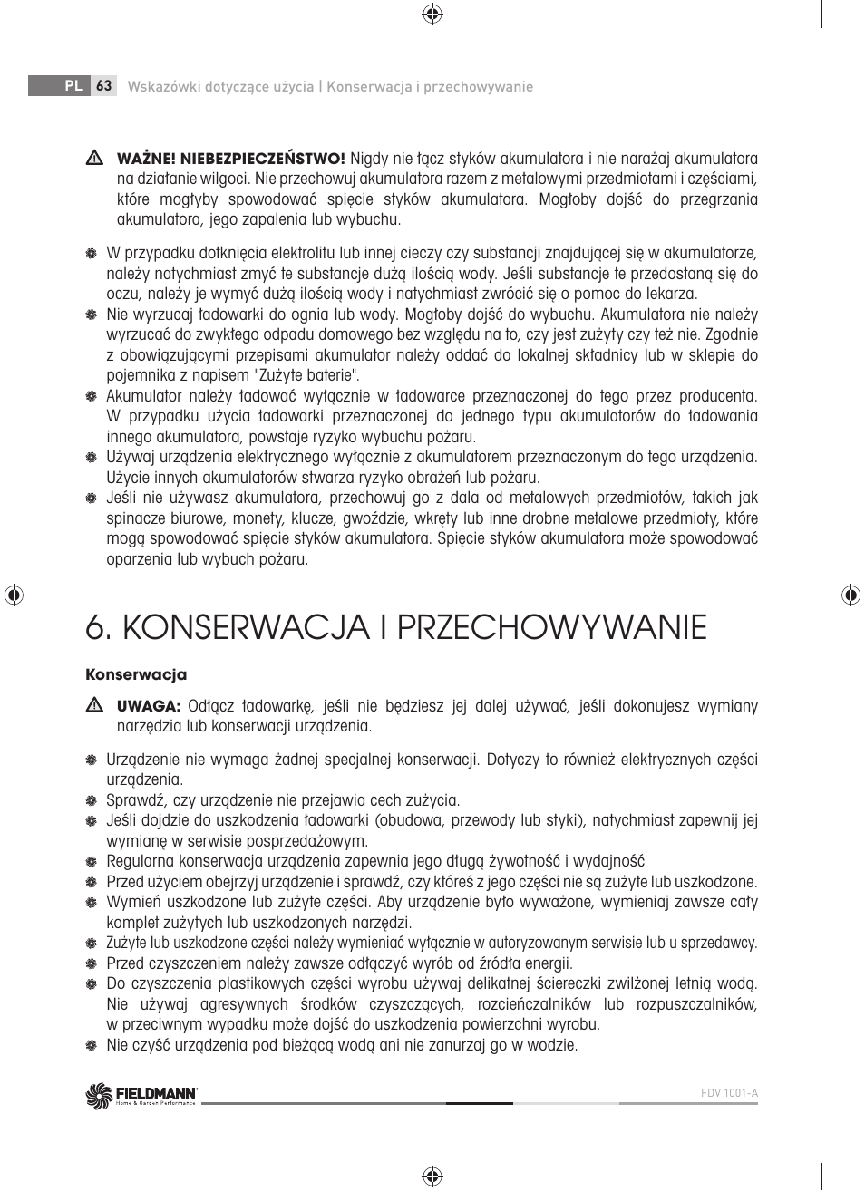 Konserwacja i przechowywanie | Fieldmann FDV 1001-A User Manual | Page 64 / 100
