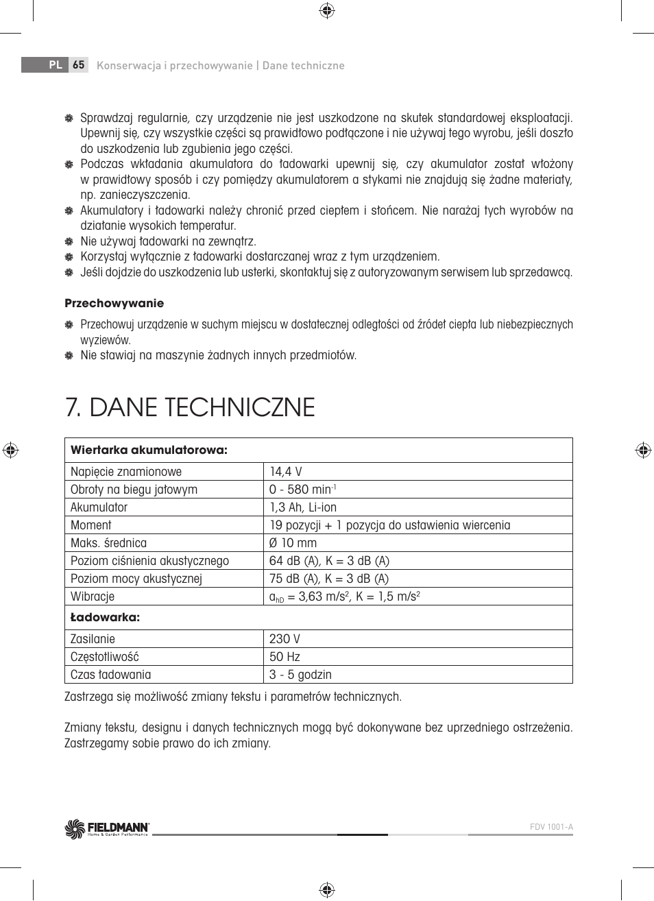 Dane techniczne | Fieldmann FDV 1001-A User Manual | Page 66 / 100